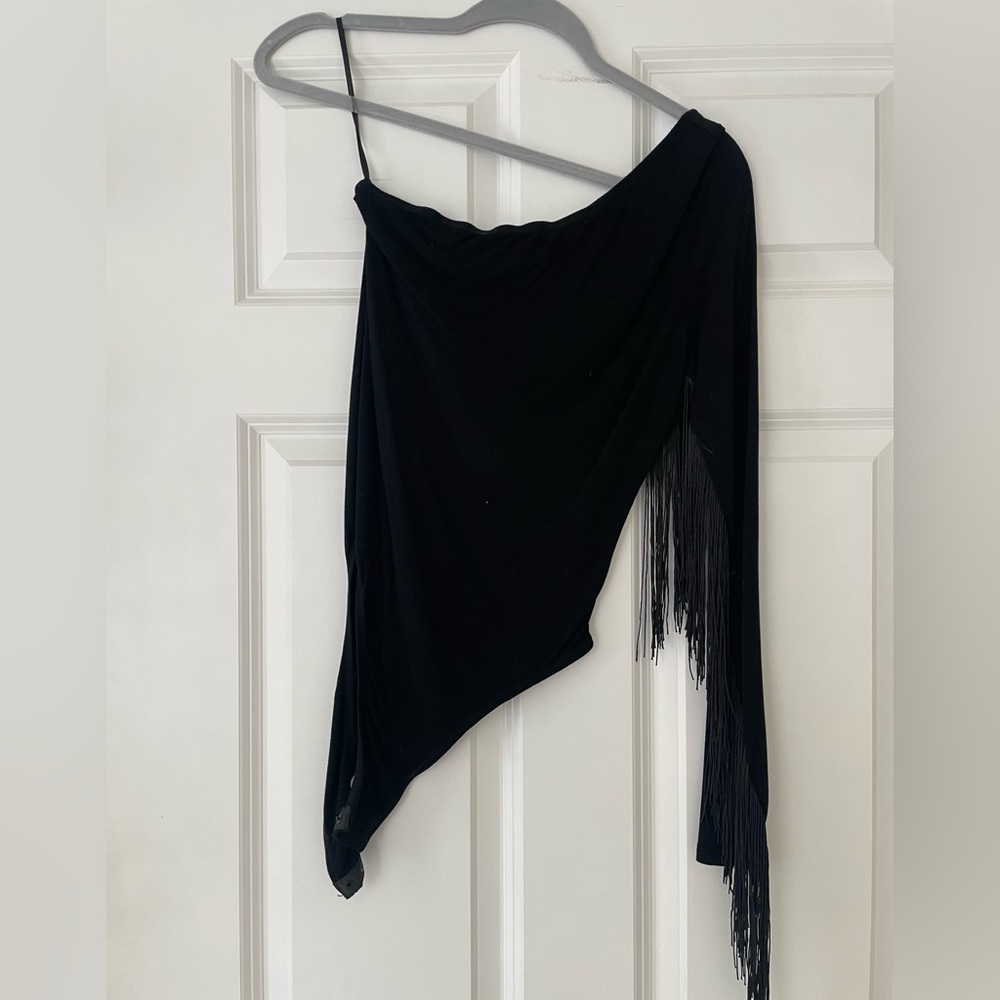 One shoulder fringe body suit